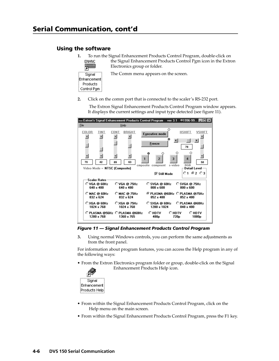 Extron electronic DVS 150 manual Using the software, Signal Enhancement Products Control Program 