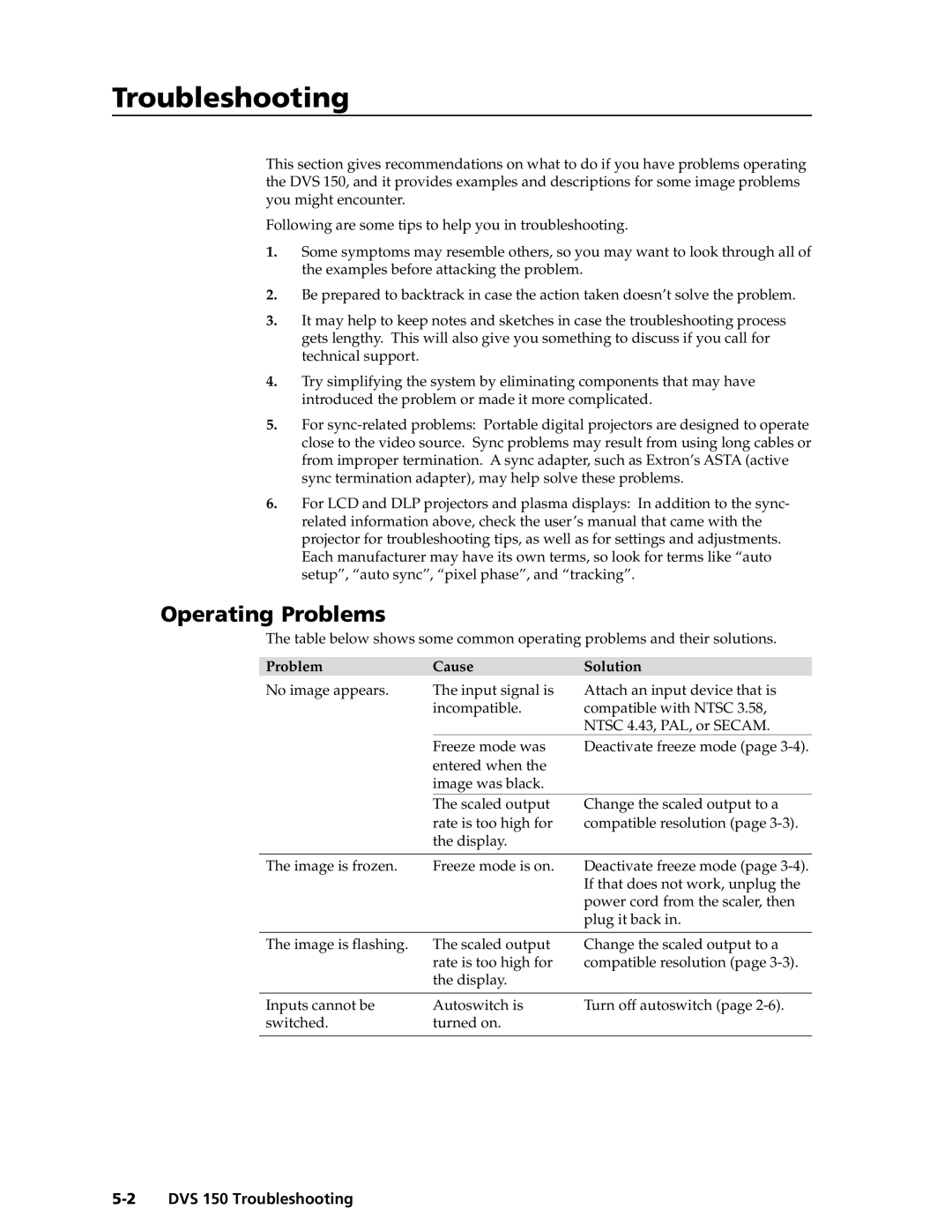 Extron electronic manual Operating Problems, DVS 150 Troubleshooting 