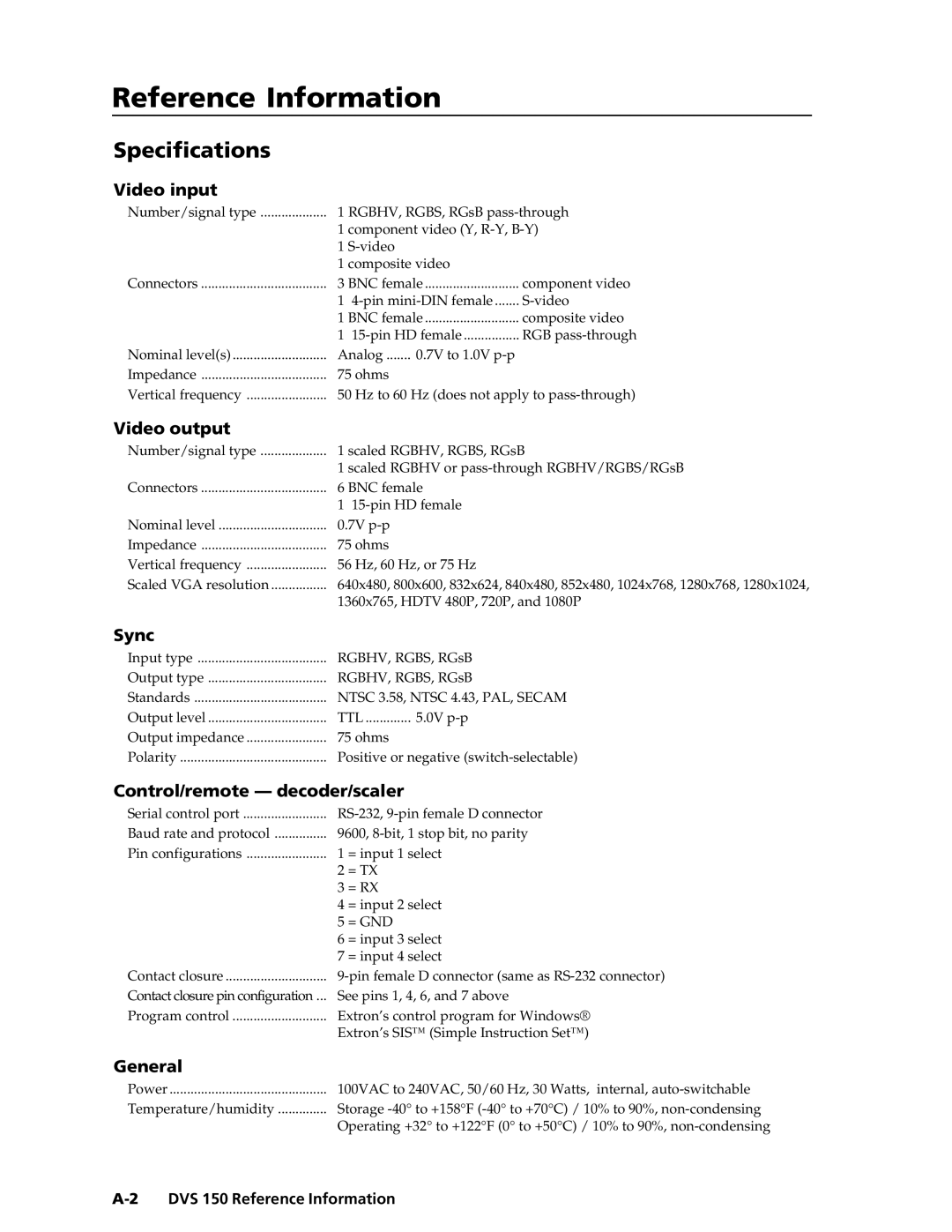 Extron electronic manual Specifications, DVS 150 Reference Information 