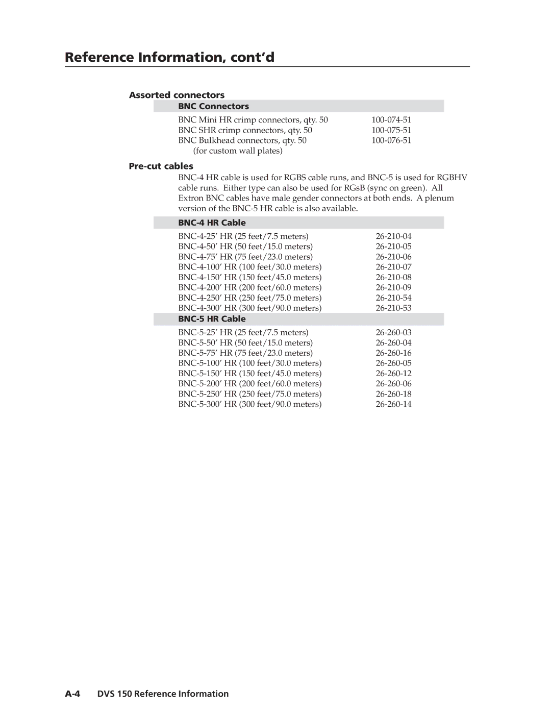 Extron electronic DVS 150 manual Assorted connectors BNC Connectors, Pre-cut cables, BNC-4 HR Cable, BNC-5 HR Cable 