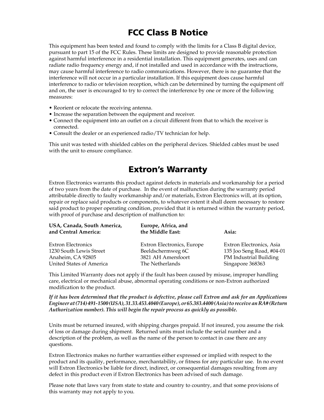 Extron electronic DVS 150 manual FCC Class B Notice 