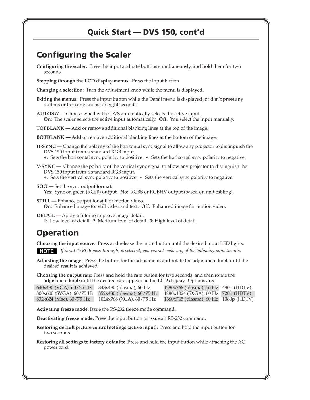 Extron electronic DVS 150 manual Configuring the Scaler 