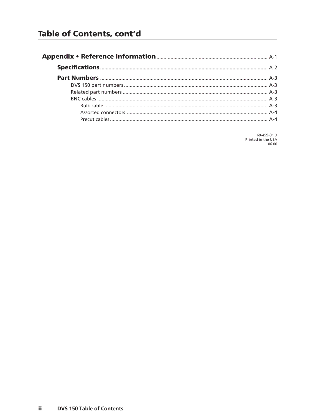 Extron electronic DVS 150 manual Table of Contents, cont’d 