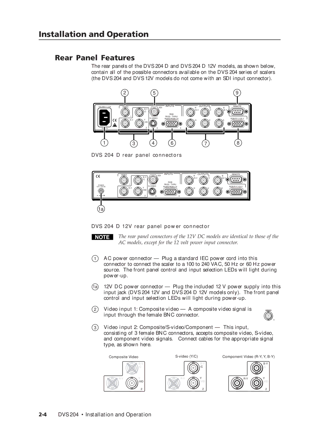 Extron electronic DVS 204 12V, DVS 204 D 12V manual Rear Panel Features, DVS 204 D rear panel connectors 