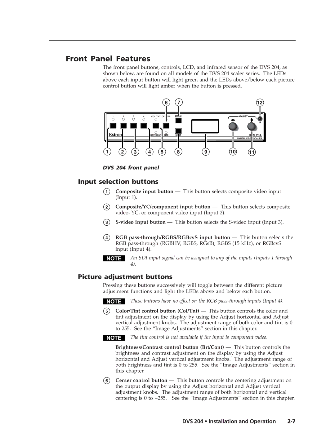 Extron electronic DVS 204 D 12V, DVS 204 12V Front Panel Features, Input selection buttons, Picture adjustment buttons 