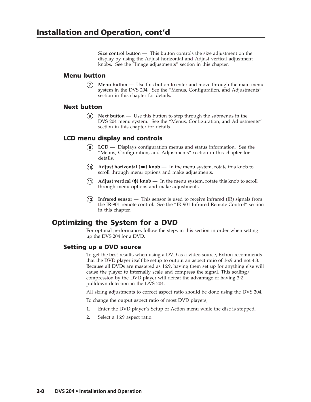 Extron electronic DVS 204 12V Optimizing the System for a DVD, Menu button, Next button, LCD menu display and controls 