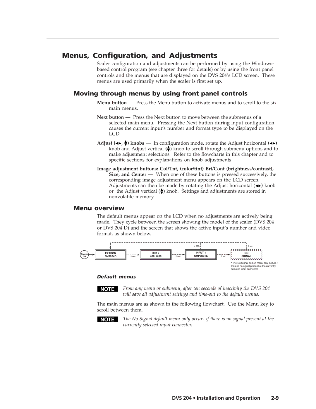 Extron electronic DVS 204 D Menus, Configuration, and Adjustments, Moving through menus by using front panel controls 