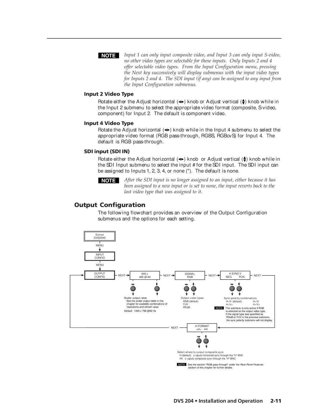 Extron electronic DVS 204 D 12V manual Output Configuration, Input 2 Video Type, Input 4 Video Type, SDI input SDI 