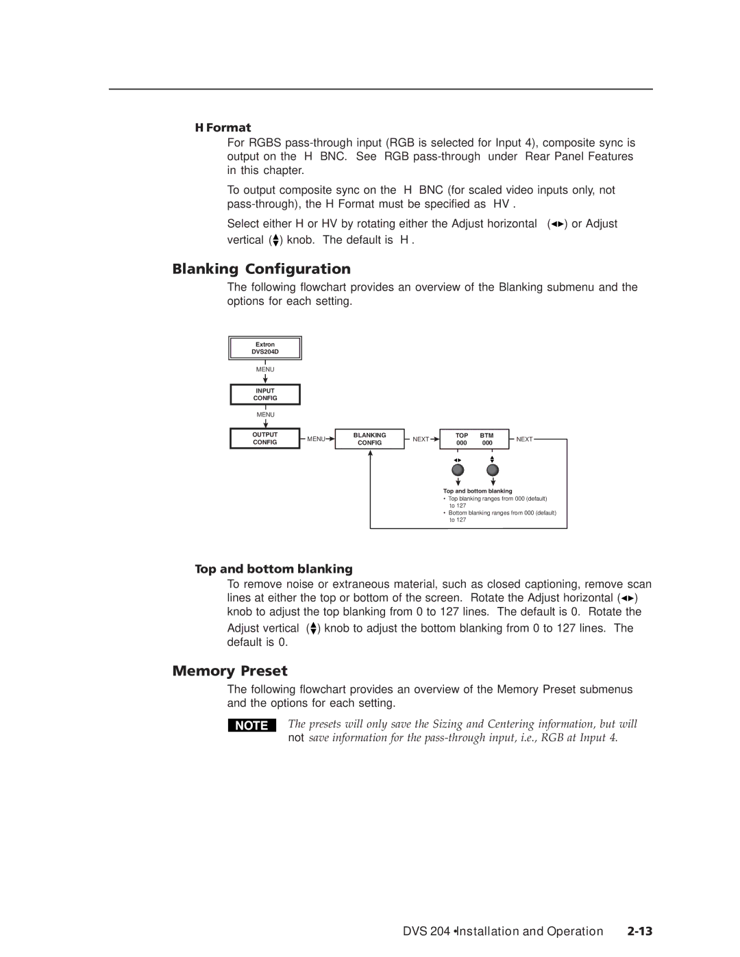 Extron electronic DVS 204 D 12V, DVS 204 12V Blanking Configuration, Memory Preset, Format, Top and bottom blanking 