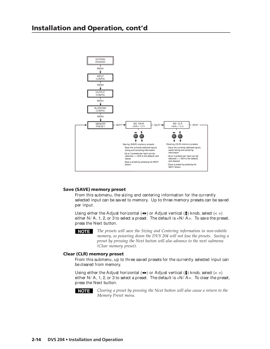 Extron electronic DVS 204 D 12V, DVS 204 12V manual Save Save memory preset, Clear CLR memory preset 
