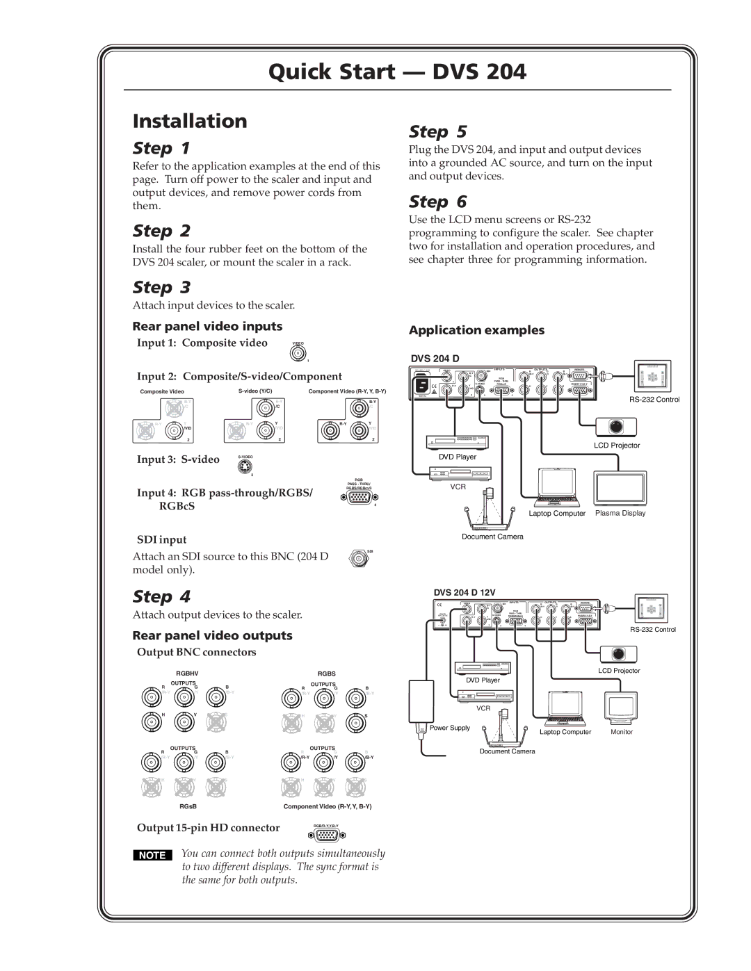 Extron electronic DVS 204 D 12V, DVS 204 12V Rear panel video inputs, Application examples, Rear panel video outputs 