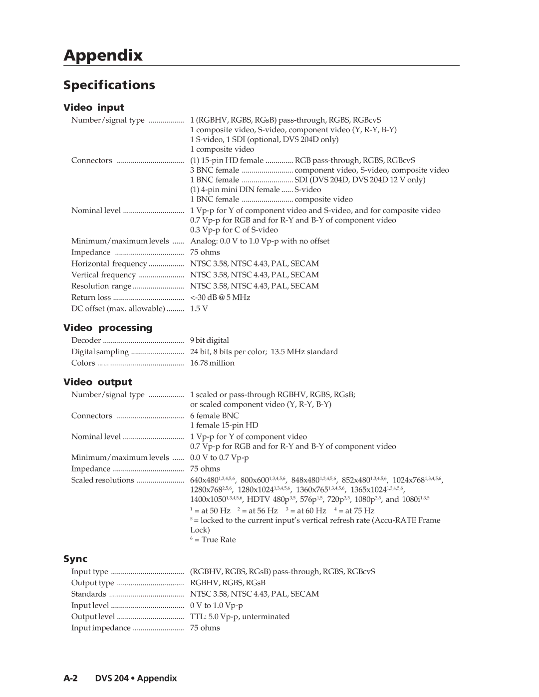 Extron electronic DVS 204 D 12V, DVS 204 12V manual Specifications, DVS 204 Appendix 