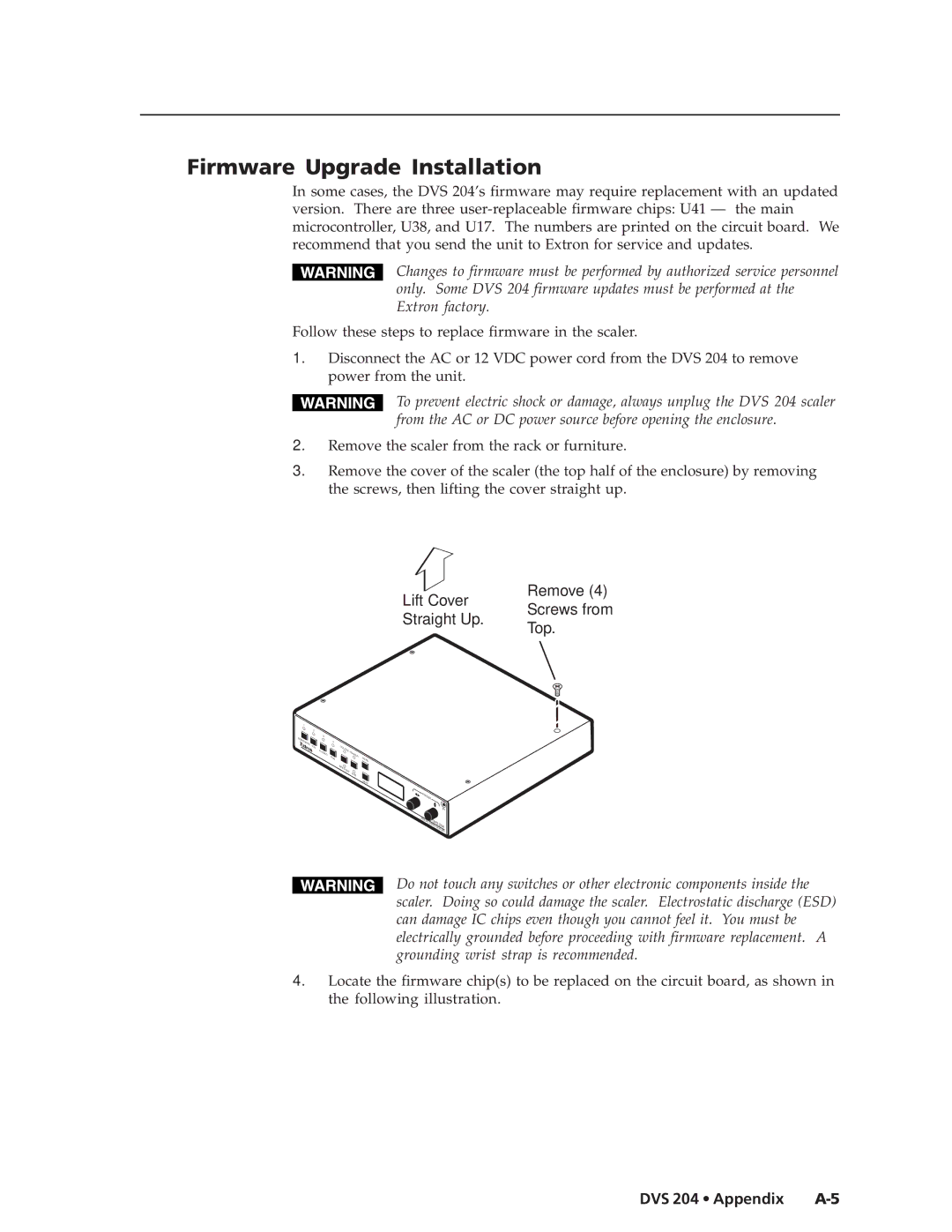 Extron electronic DVS 204 D 12V, DVS 204 12V manual Firmware Upgrade Installation, Top 