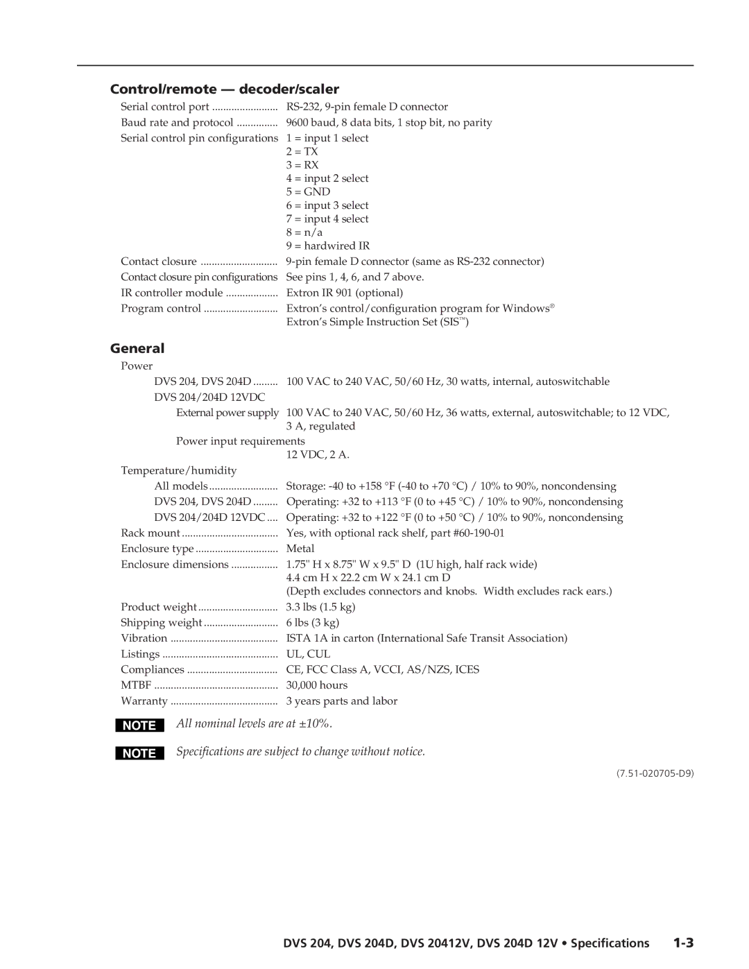 Extron electronic DVS 204 Series specifications Control/remote decoder/scaler, General, = Gnd, Ul, Cul 