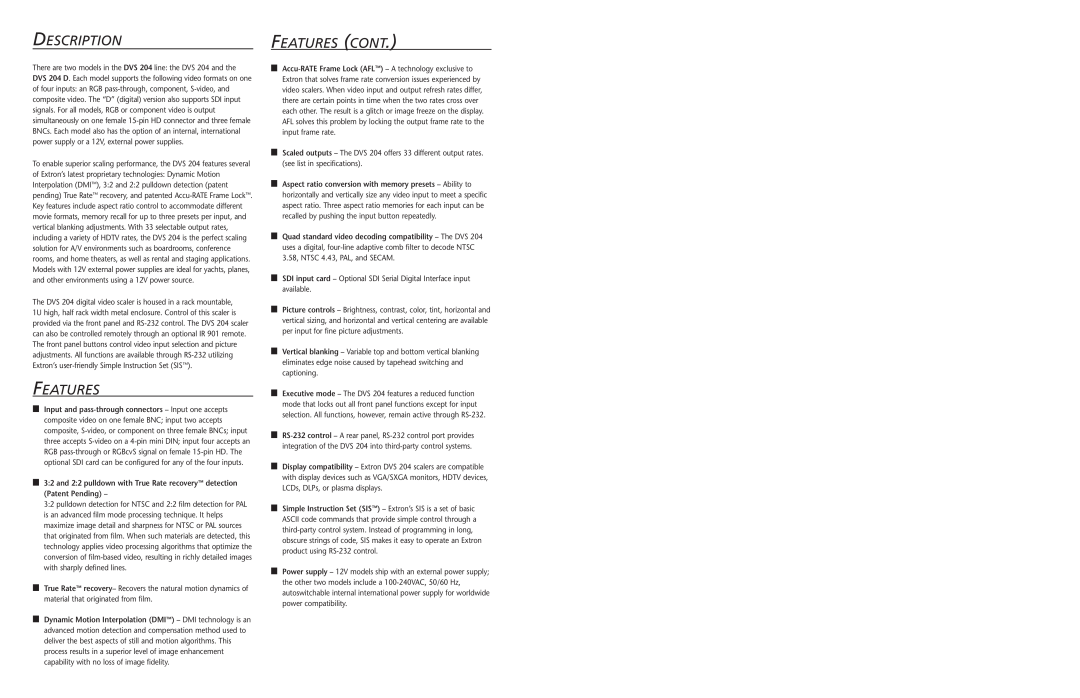 Extron electronic DVS 204 manual Descriptionfeatures Cont, Features 