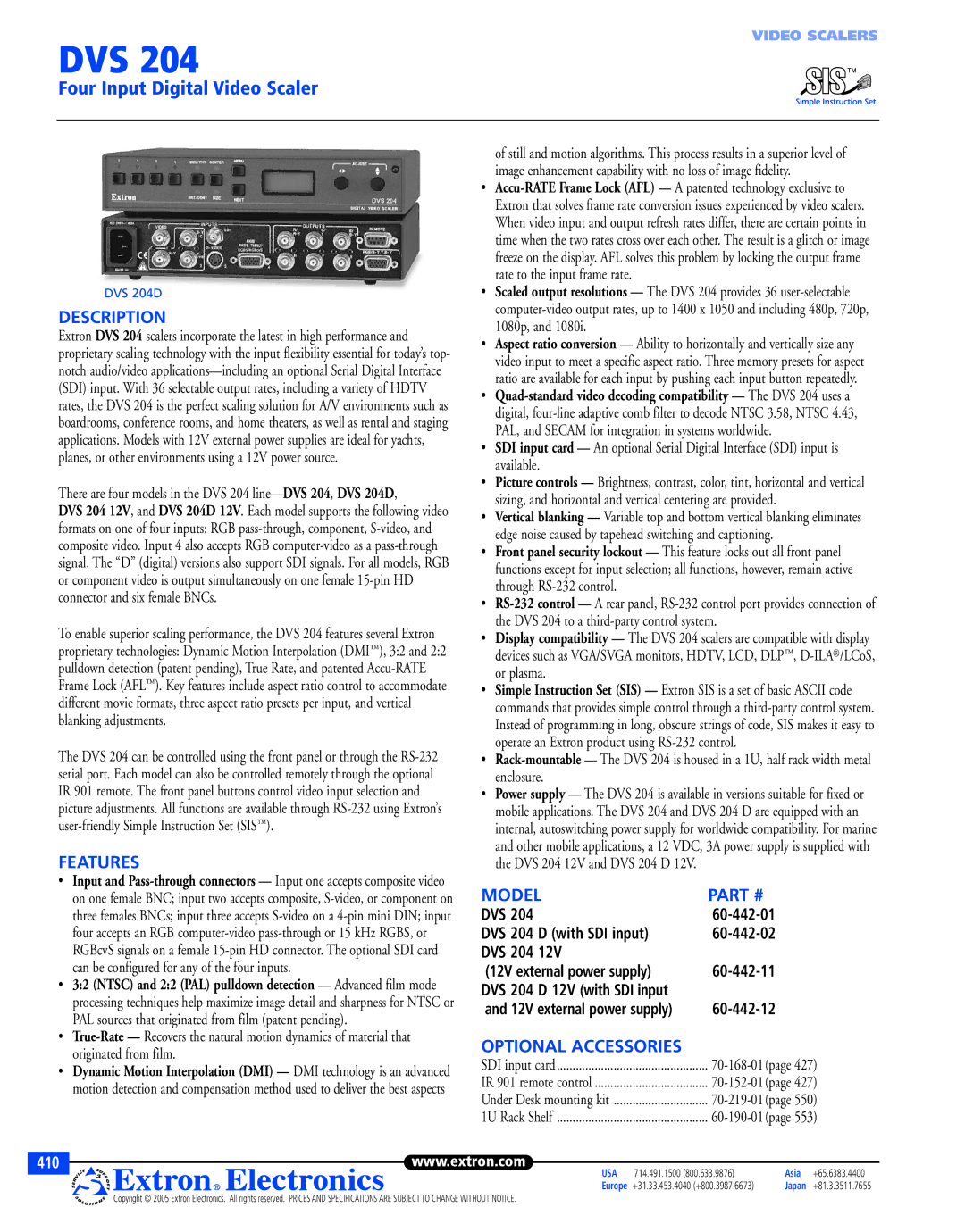 Extron electronic 60-442-02, DVS 204D, 60-442-11 specifications Description, Features, Model, Optional Accessories 