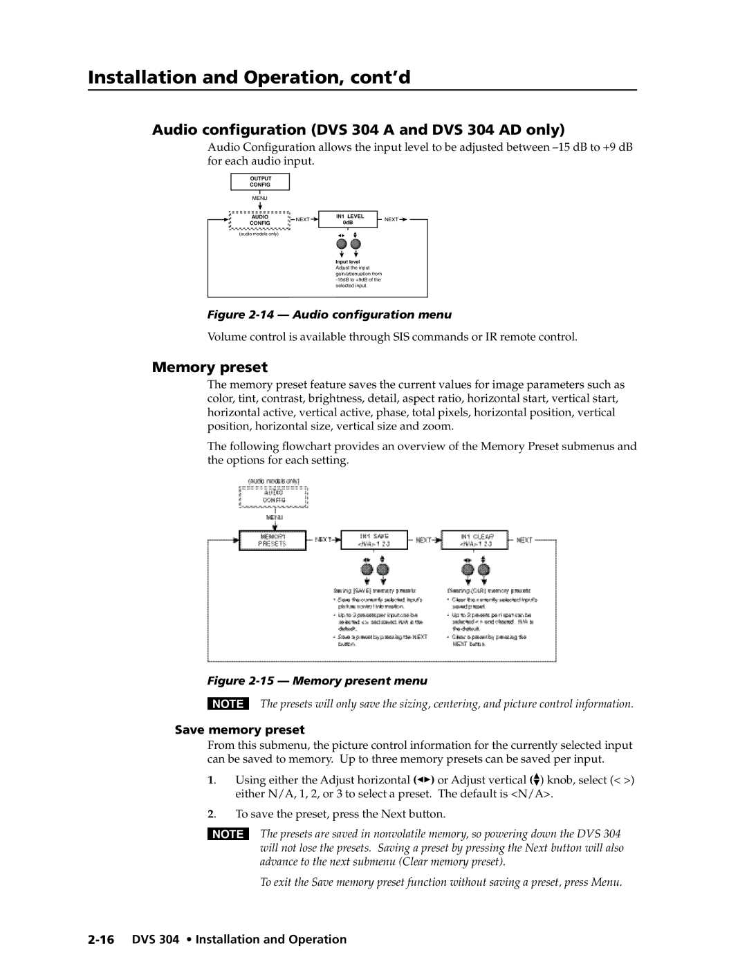 Extron electronic DVS 304 D manual Audio configuration DVS 304 a and DVS 304 AD only, Memory preset, Save memory preset 