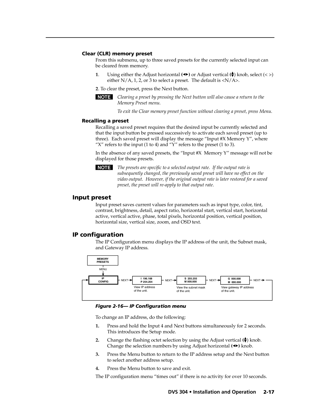 Extron electronic DVS 304 D, DVS 304 AD manual Input preset, IP configuration, Clear CLR memory preset, Recalling a preset 