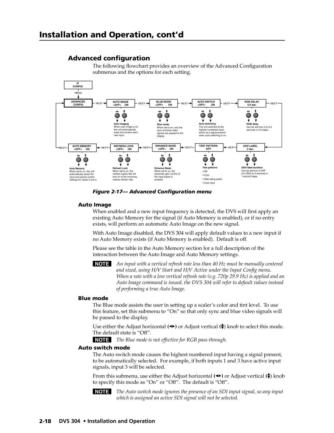 Extron electronic DVS 304 AD, DVS 304 D manual Advanced configuration, Auto Image, Blue mode, Auto switch mode 