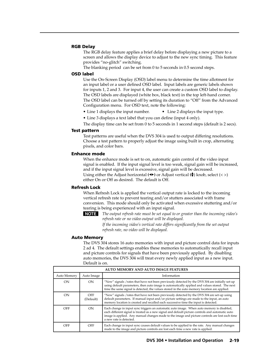 Extron electronic DVS 304 AD, DVS 304 D RGB Delay, OSD label, Test pattern, Enhance mode, Refresh Lock, Auto Memory 