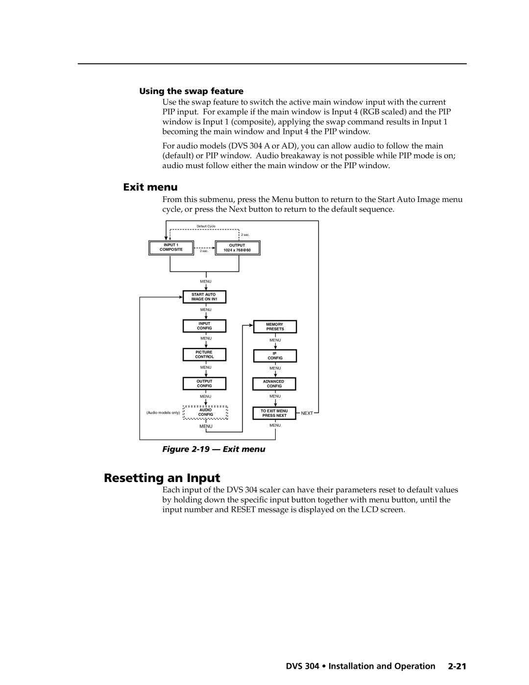 Extron electronic DVS 304 D, DVS 304 AD manual Resetting an Input, Exit menu, Using the swap feature 