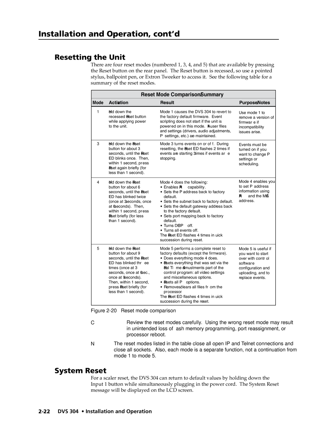 Extron electronic DVS 304 AD, DVS 304 D manual Resetting the Unit, System Reset, Reset Mode Comparison/Summary 