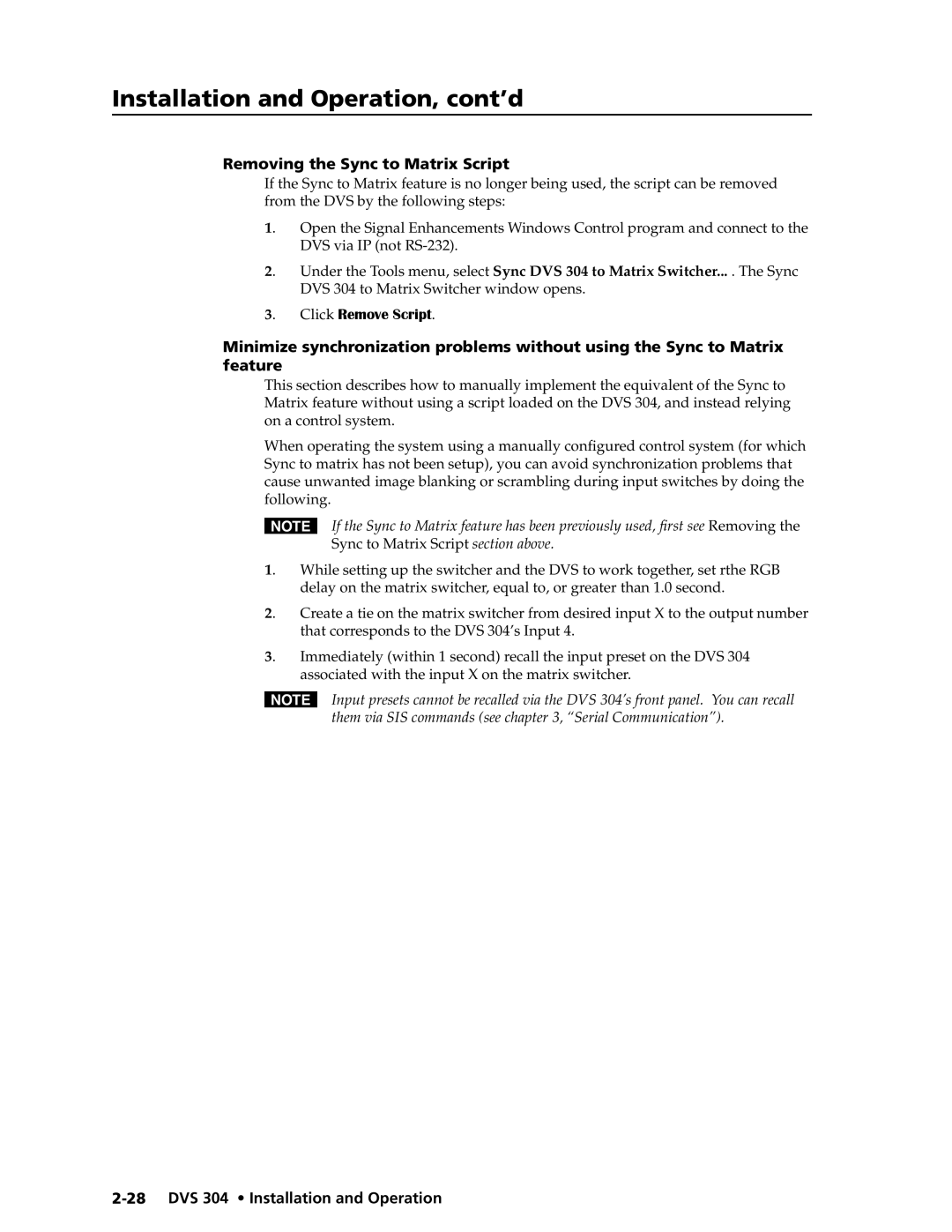 Extron electronic DVS 304 AD, DVS 304 D manual Removing the Sync to Matrix Script, Click Remove Script 