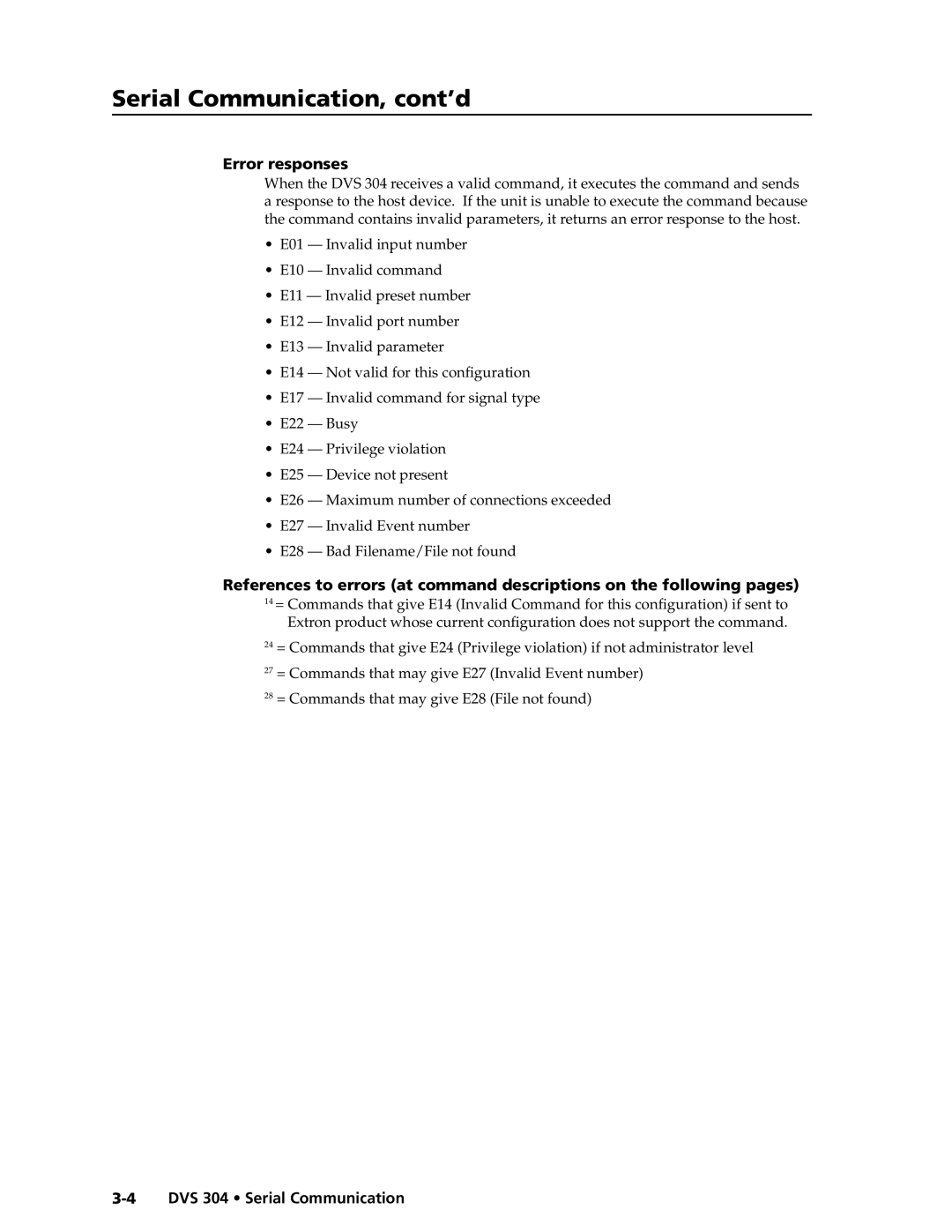 Extron electronic DVS 304 AD, DVS 304 D manual Serial Communication, cont’d, Error responses 