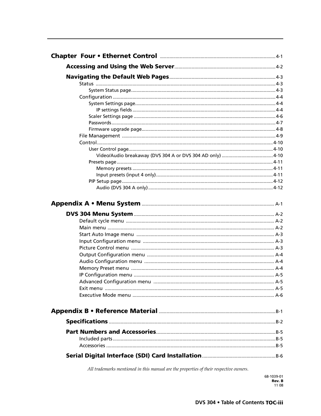 Extron electronic DVS 304 AD, DVS 304 D manual DVS 304 Table of Contents TOC-iii 