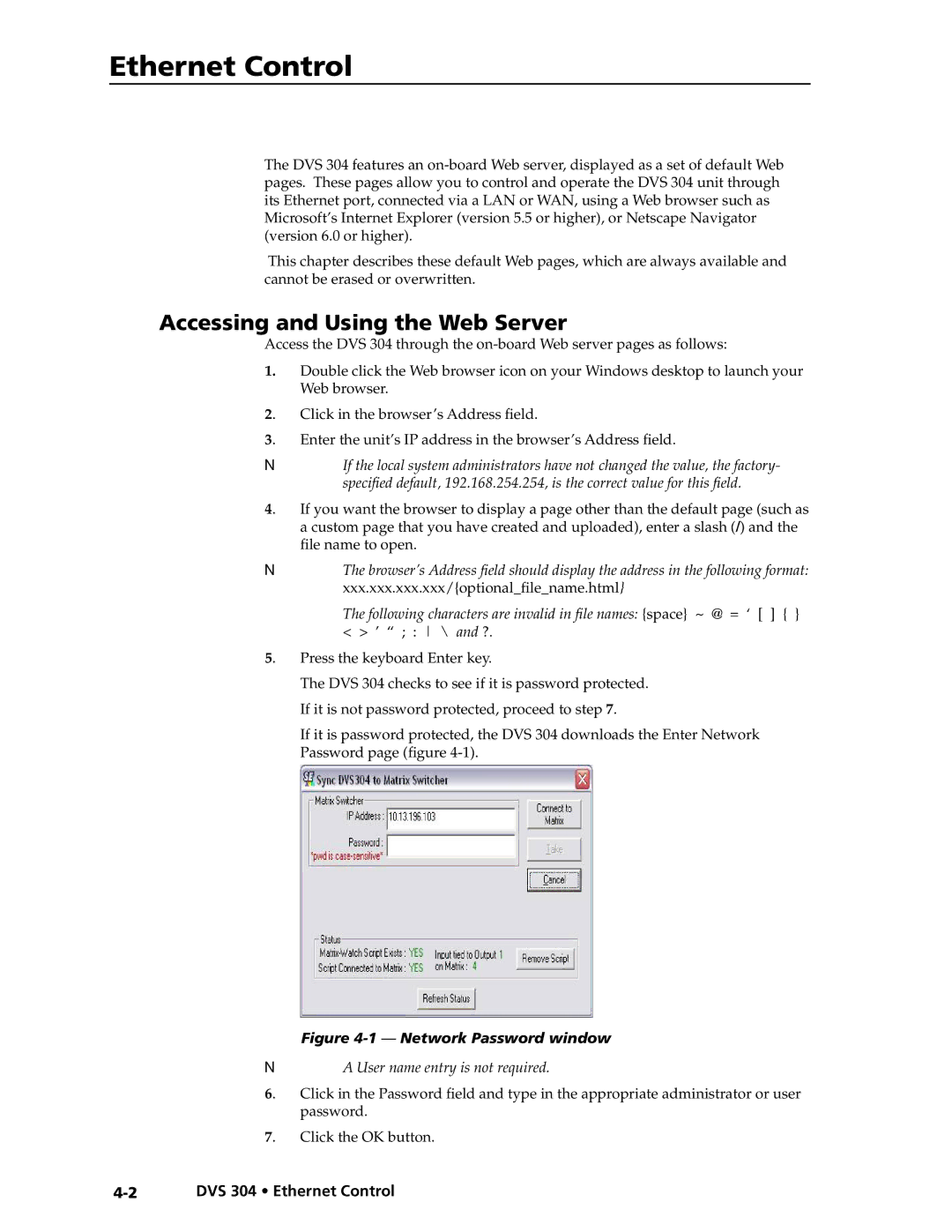 Extron electronic DVS 304 AD, DVS 304 D manual Accessing and Using the Web Server, DVS 304 Ethernet Control 