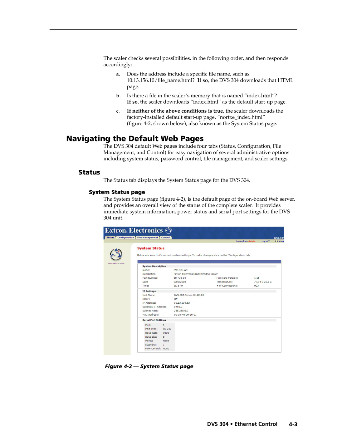 Extron electronic DVS 304 AD, DVS 304 D manual Navigating the Default Web Pages, System Status 