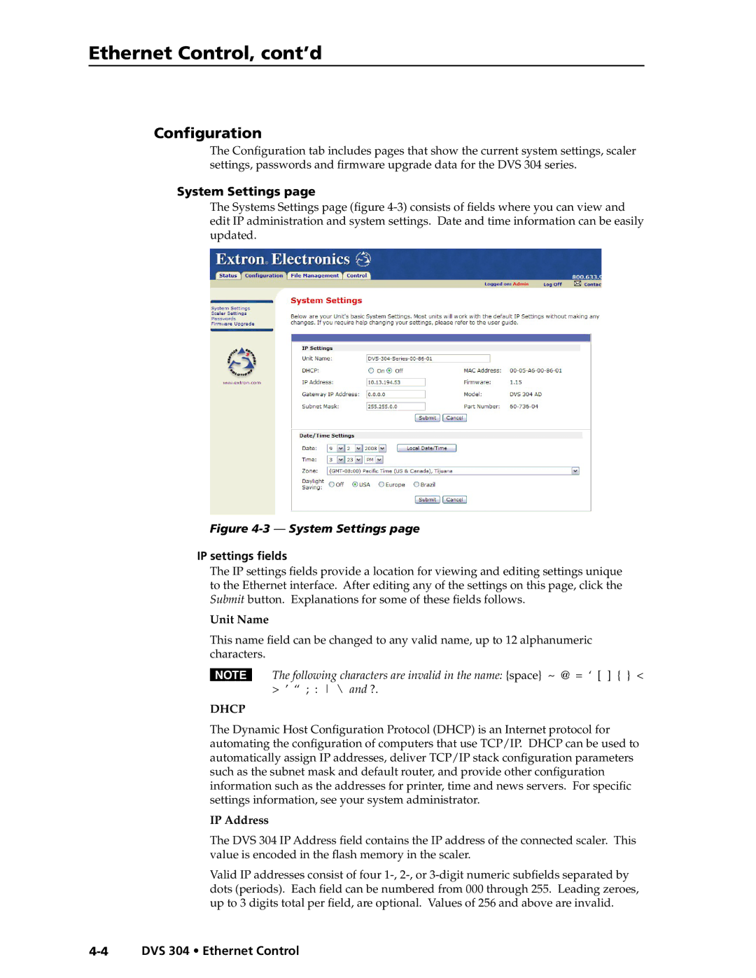 Extron electronic DVS 304 AD, DVS 304 D manual Ethernet Control, cont’d, Configuration, System Settings, IP settings fields 