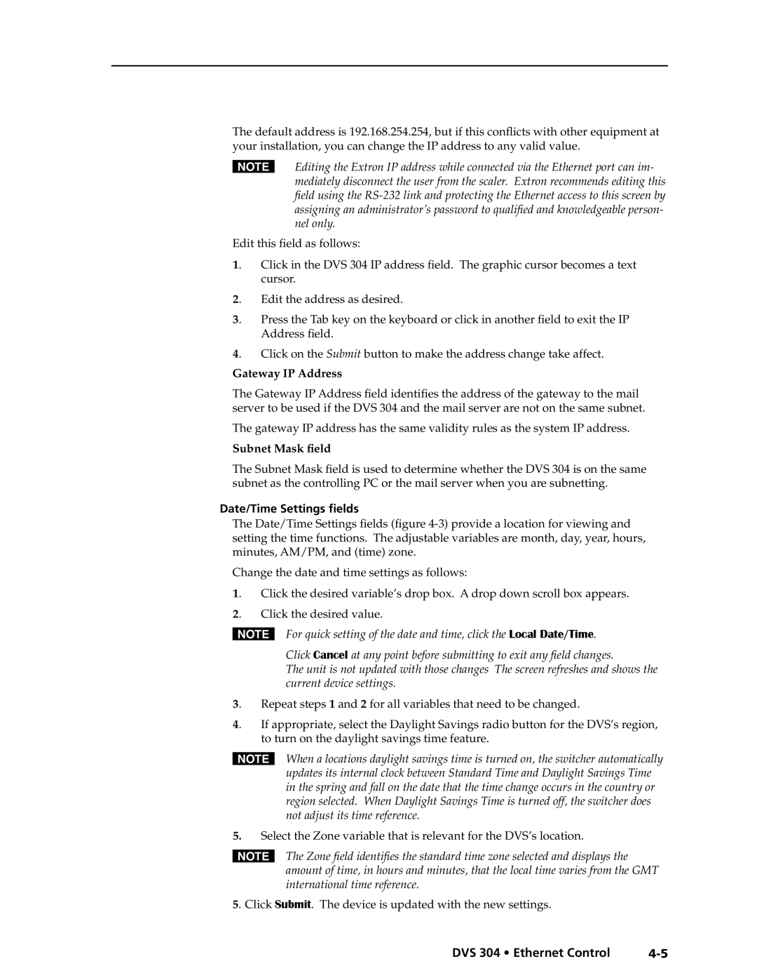 Extron electronic DVS 304 D, DVS 304 AD manual Gateway IP Address, Date/Time Settings fields 