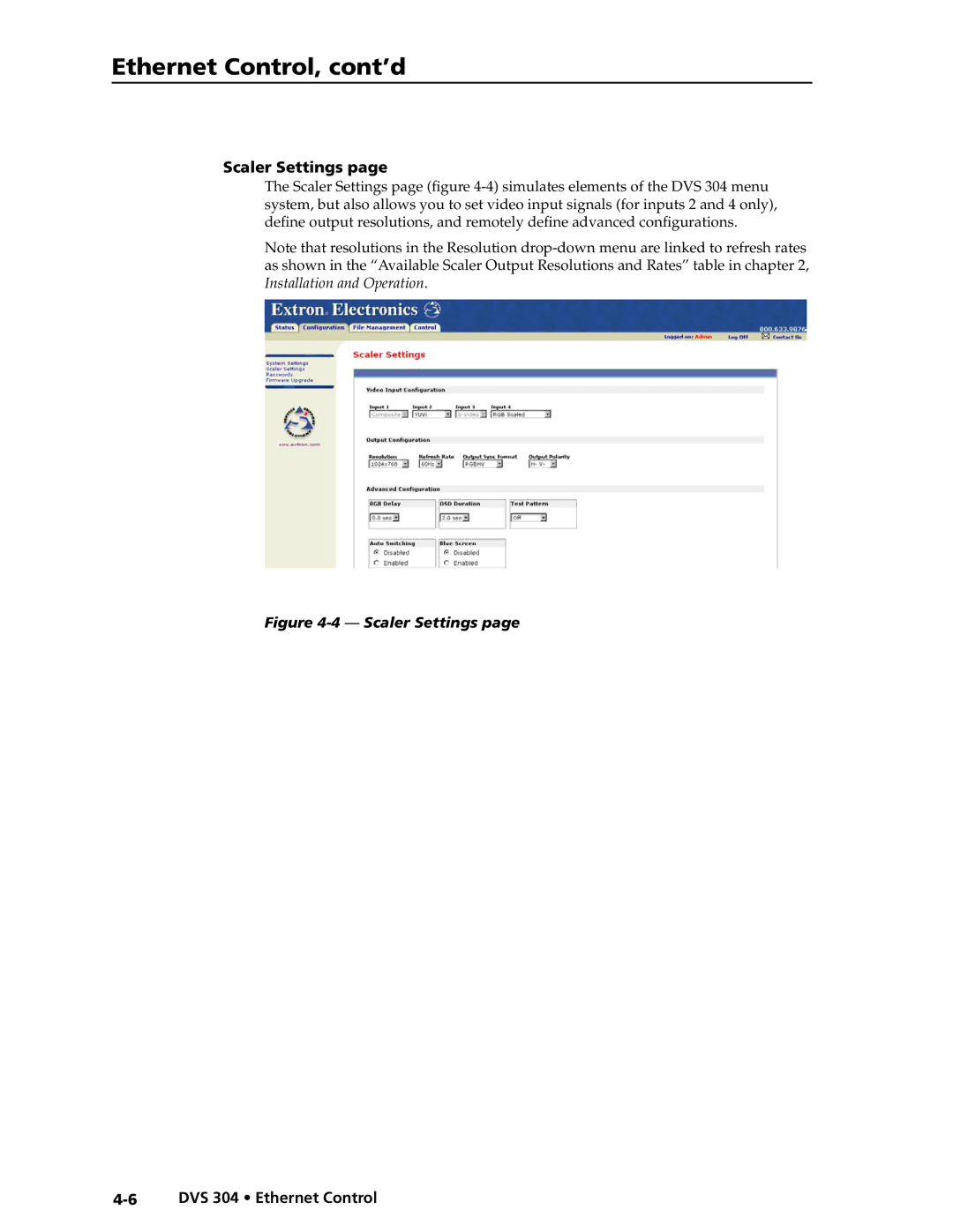 Extron electronic DVS 304 AD, DVS 304 D manual Scaler Settings 