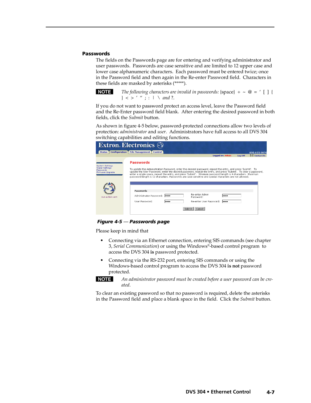 Extron electronic DVS 304 AD, DVS 304 D manual Passwords 