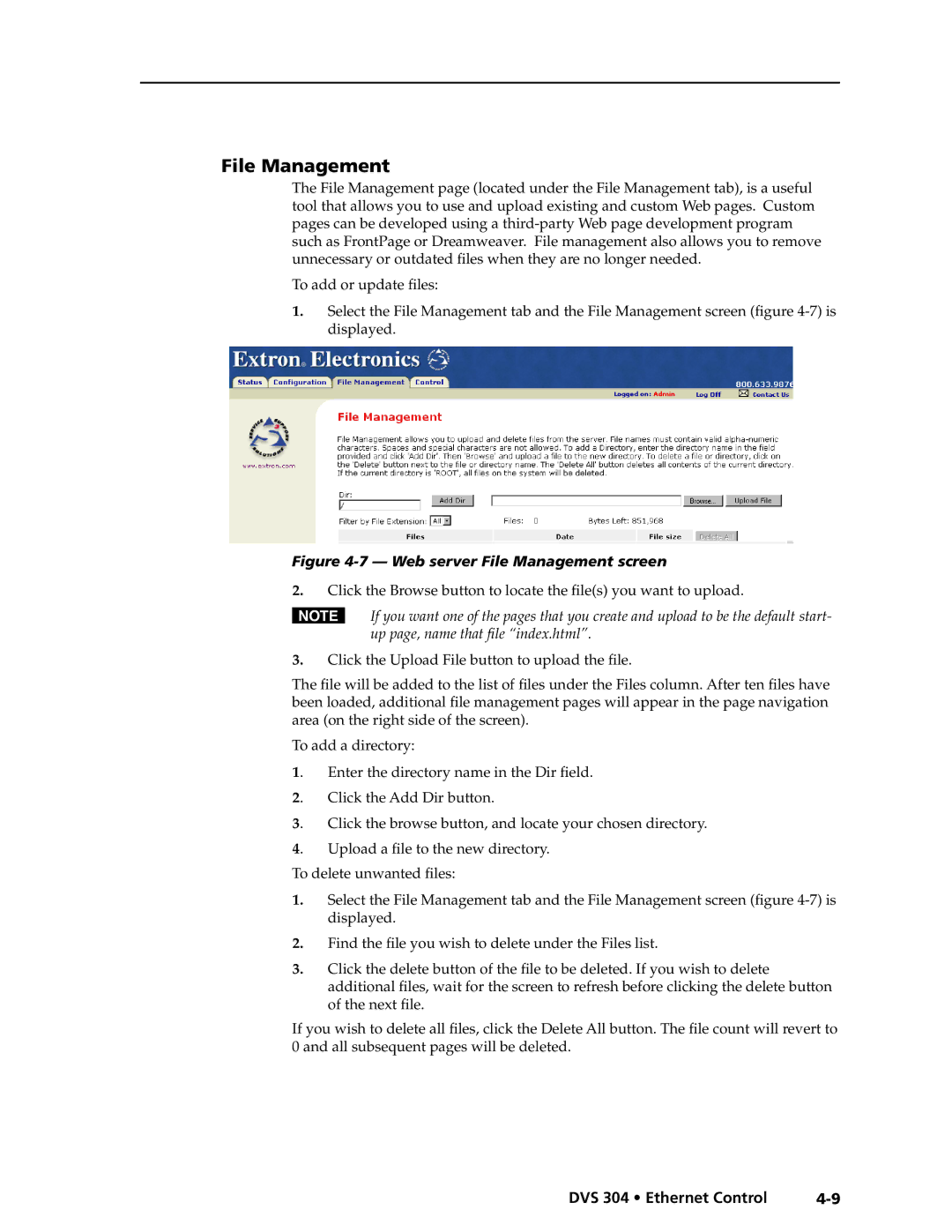 Extron electronic DVS 304 D, DVS 304 AD manual File Management, Upload a file to the new directory 