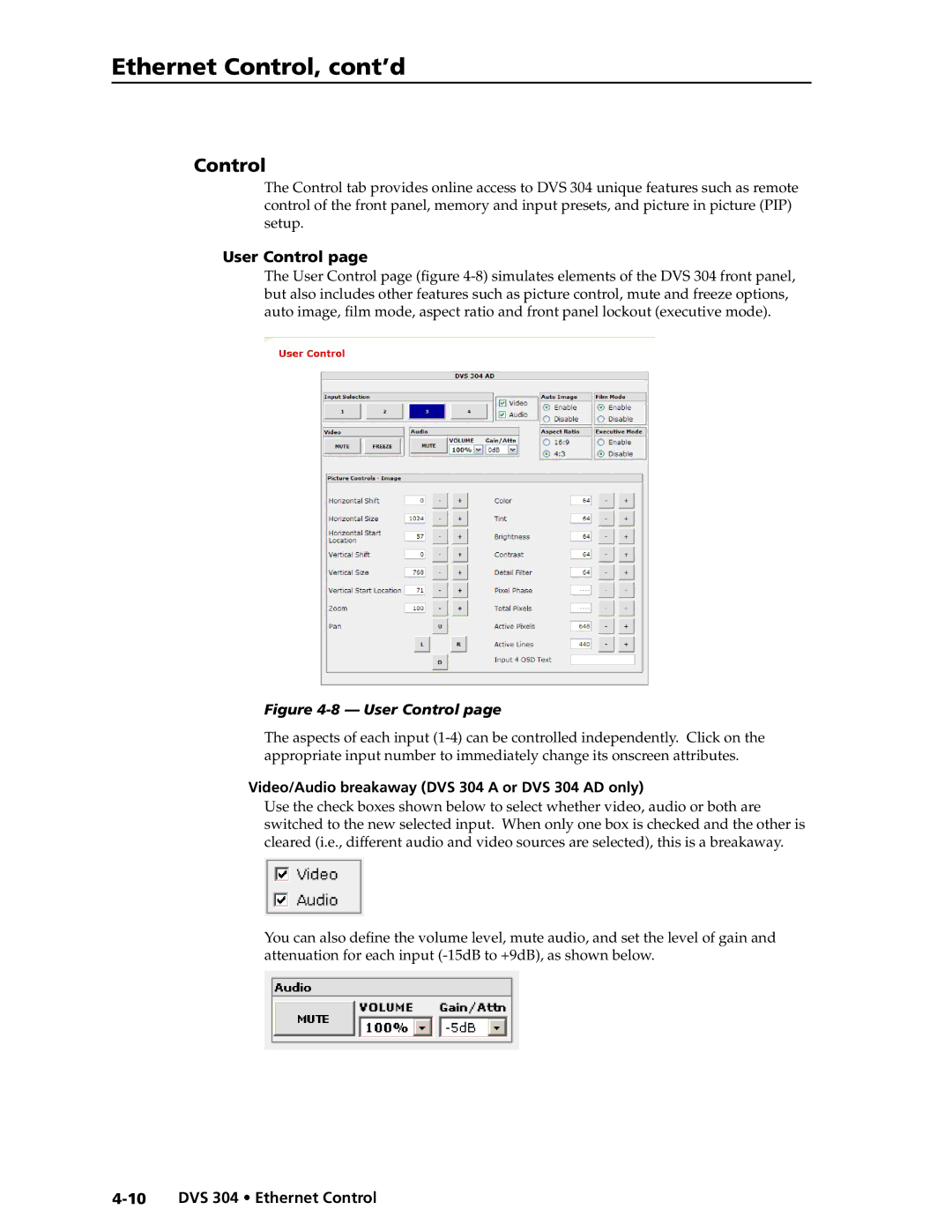 Extron electronic DVS 304 D manual User Control, Video/Audio breakaway DVS 304 a or DVS 304 AD only 