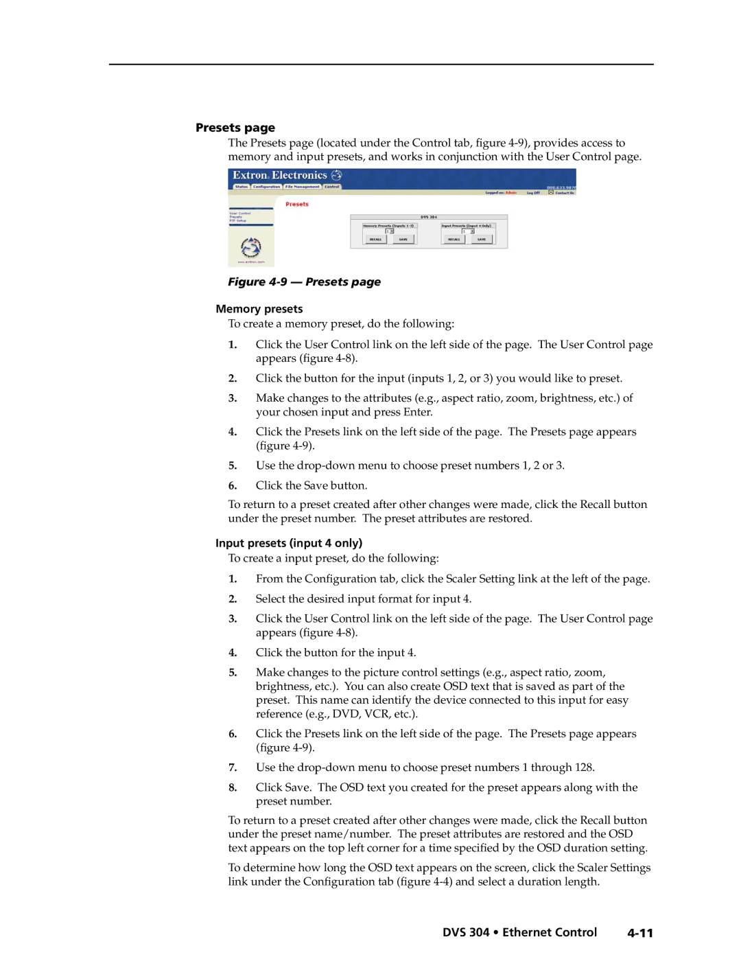 Extron electronic DVS 304 AD, DVS 304 D manual Presets, Memory presets, Input presets input 4 only 