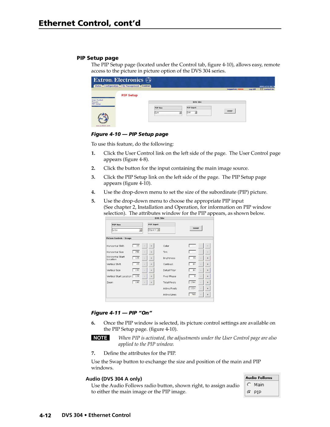 Extron electronic DVS 304 AD, DVS 304 D manual PIP Setup, Audio DVS 304 a only 