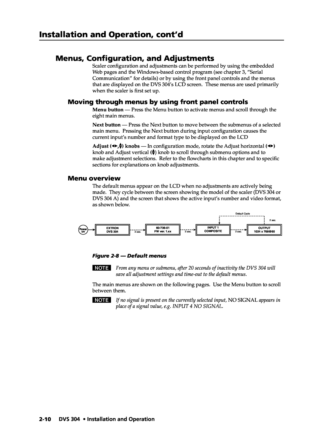 Extron electronic DVS 304 AD, DVS 304 D manual Menus, Configuration, and Adjustments, Menu overview, 8- Default menus 