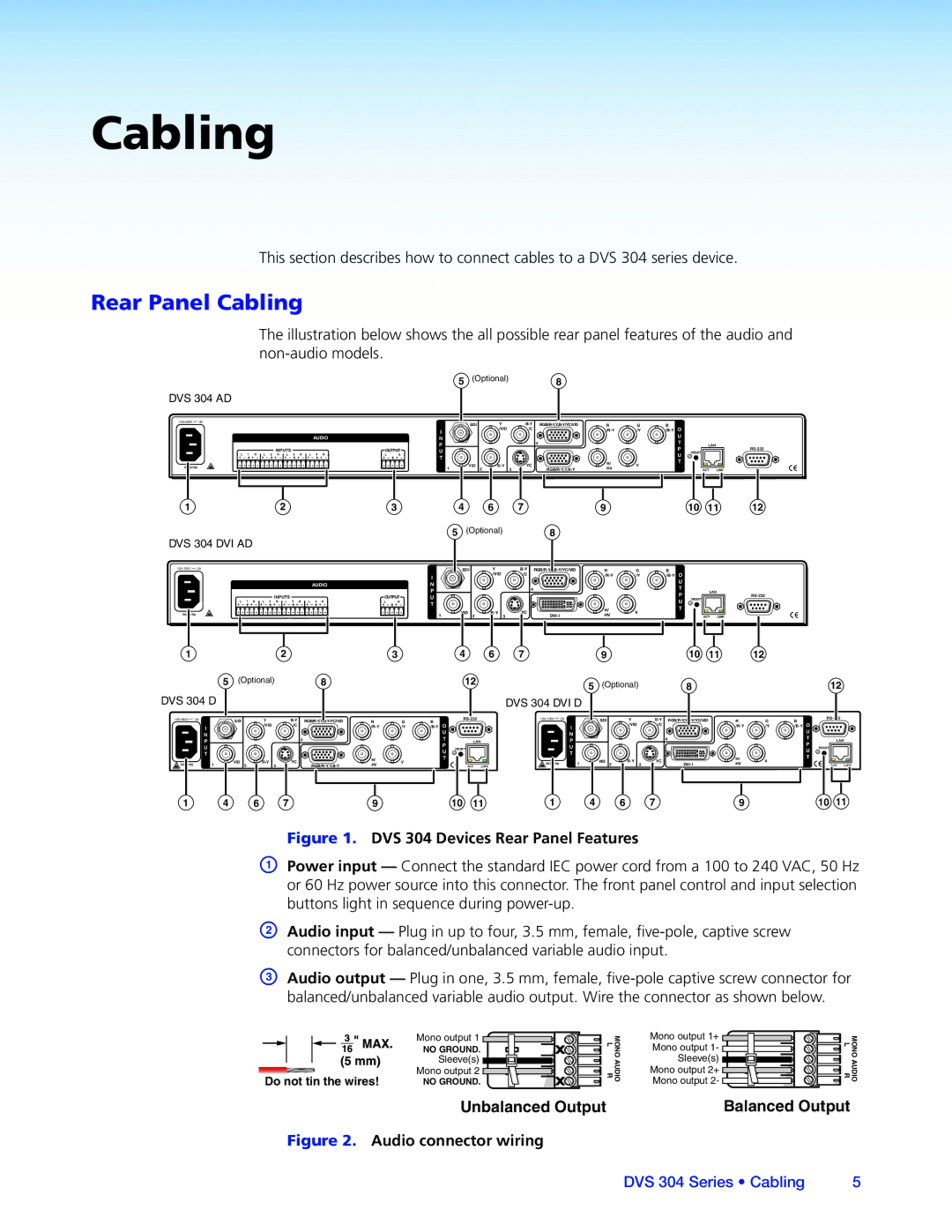 Extron electronic DVS 304 manual Rear Panel Cabling 