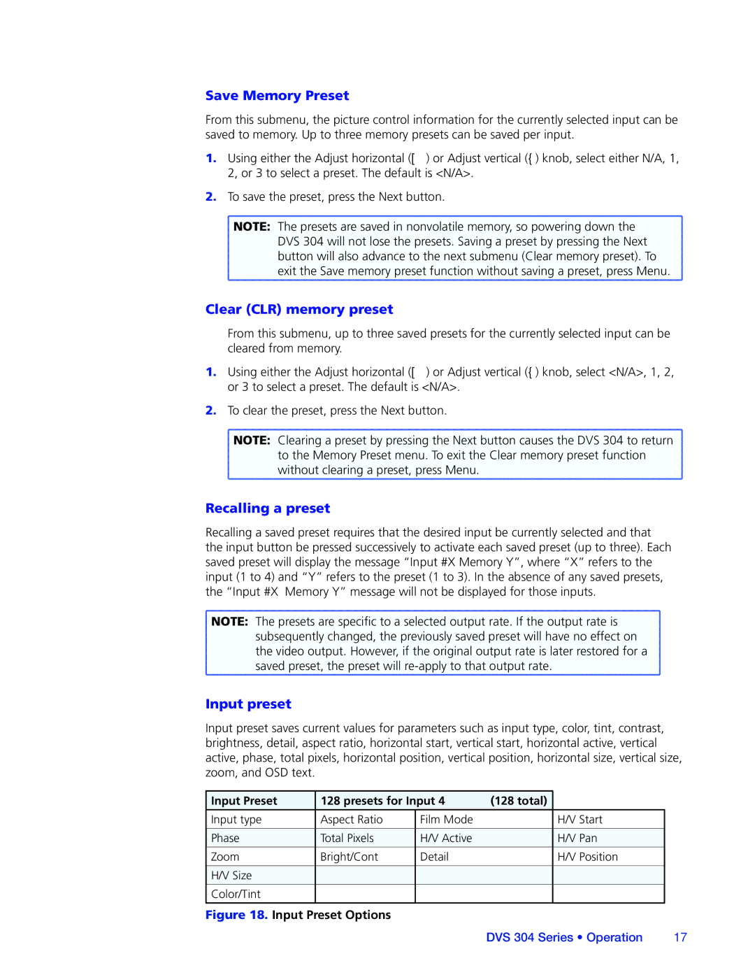 Extron electronic DVS 304 manual Save Memory Preset, Clear CLR memory preset, Recalling a preset, Input preset 