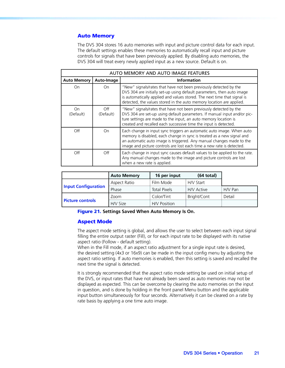 Extron electronic DVS 304 manual Aspect Mode, Auto Memory and Auto Image Features, Auto Memory Per input Total 