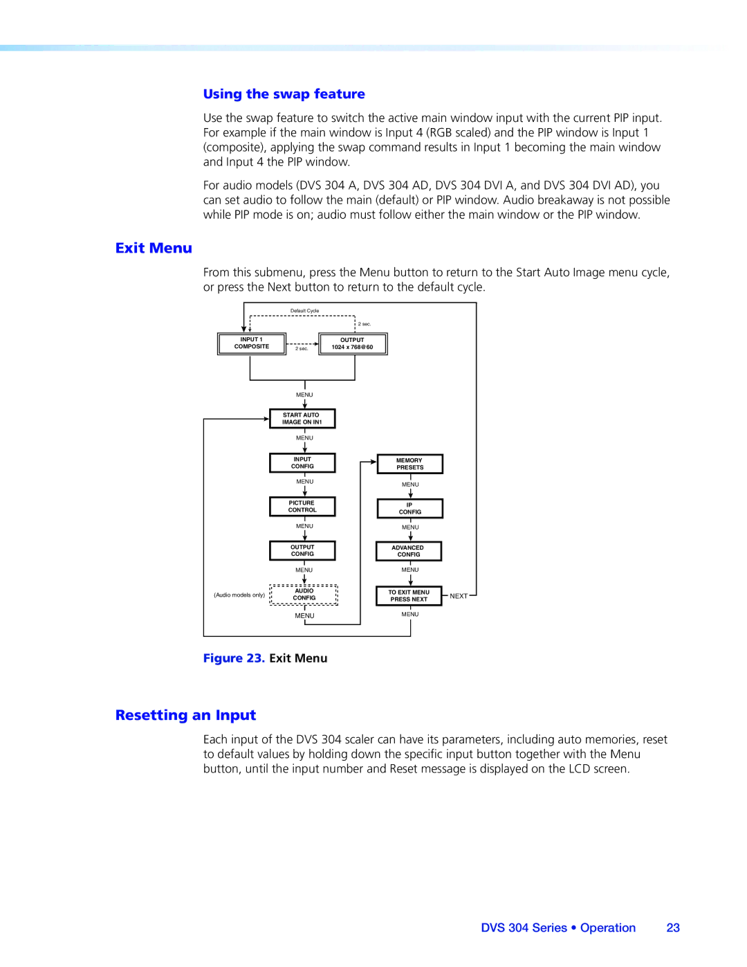 Extron electronic DVS 304 manual Exit Menu, Resetting an Input, Using the swap feature 