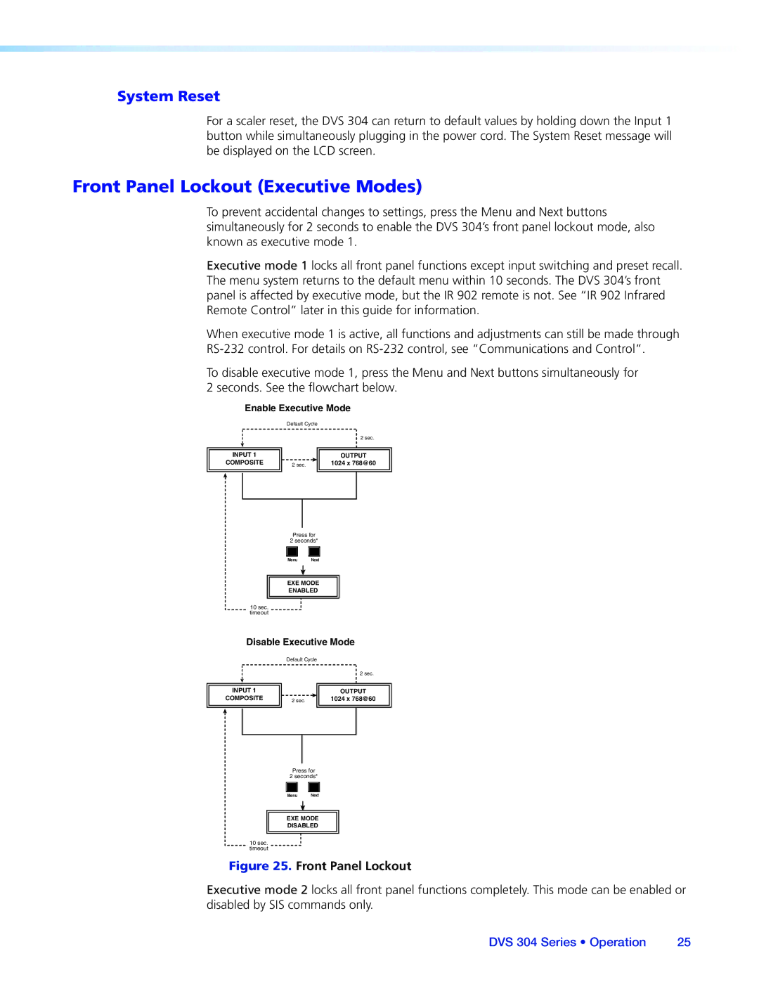 Extron electronic DVS 304 manual Front Panel Lockout Executive Modes, System Reset 