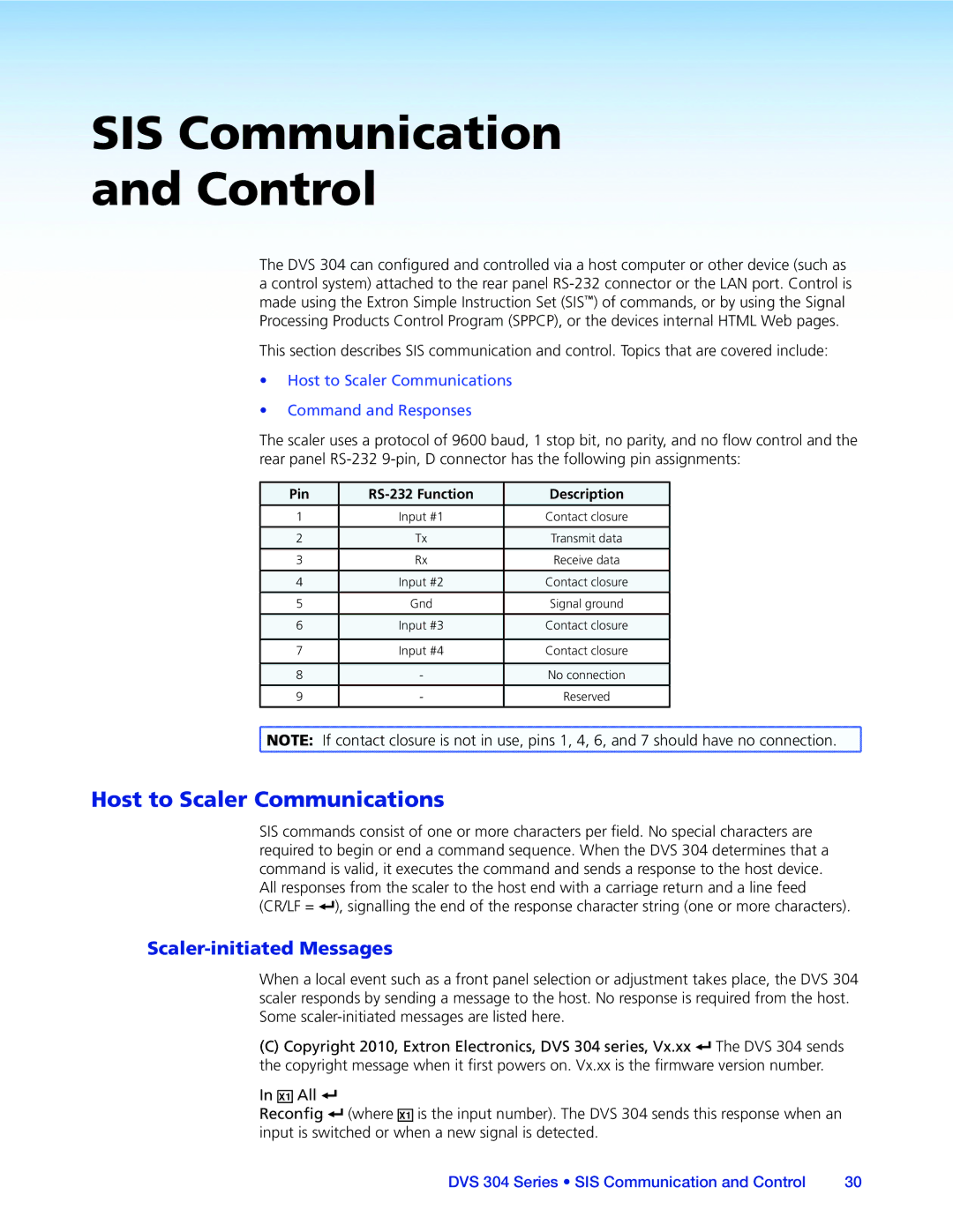 Extron electronic DVS 304 manual SIS Communication Control, Pin RS-232 Function Description 