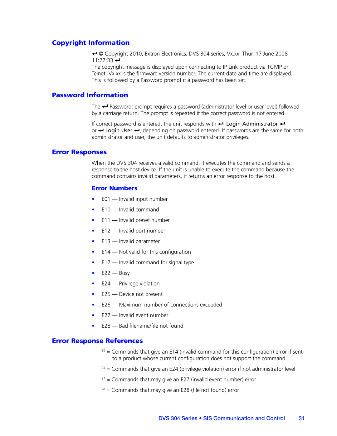 Extron electronic DVS 304 manual Copyright Information, Password Information, Error Responses, Error Response References 