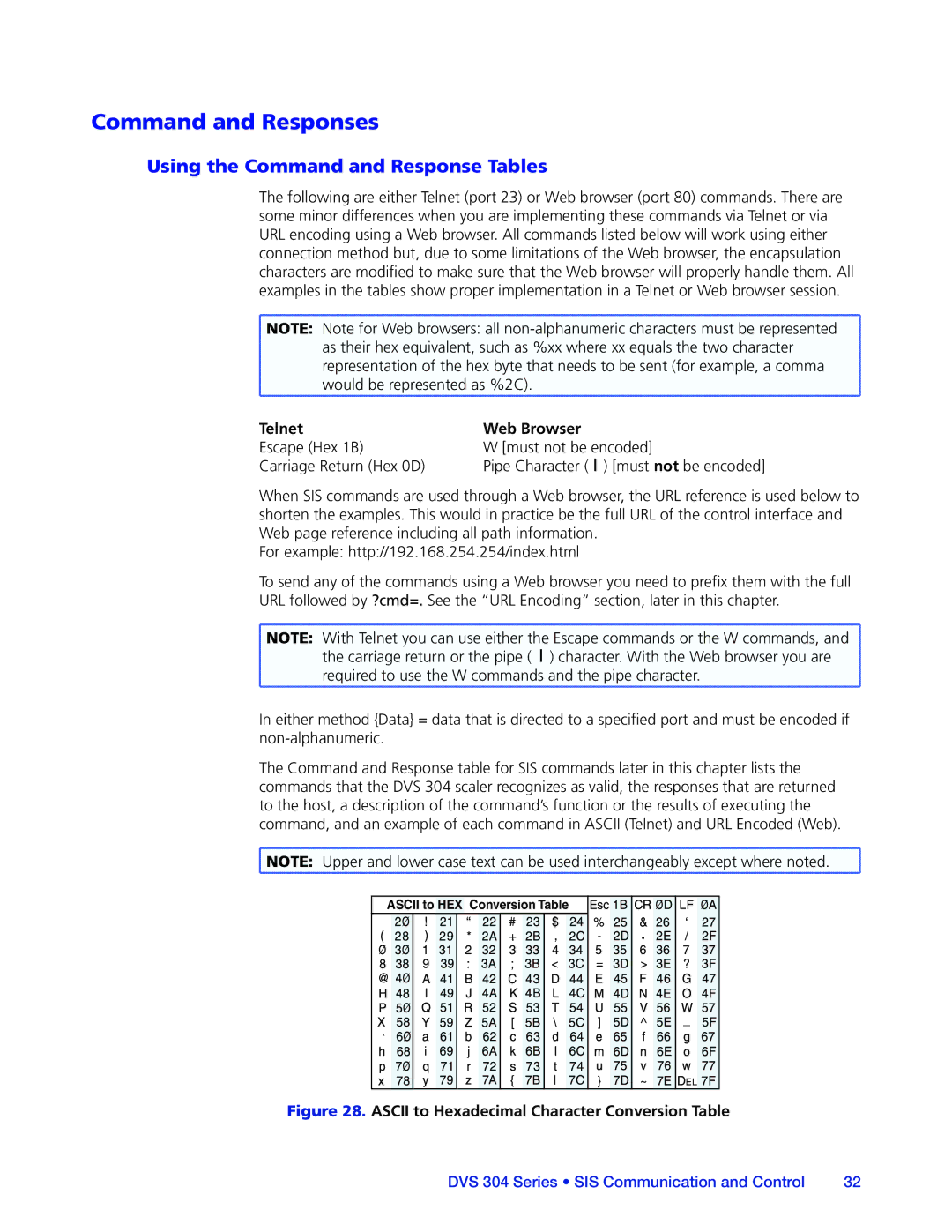 Extron electronic DVS 304 manual Command and Responses, Using the Command and Response Tables, Telnet Web Browser 