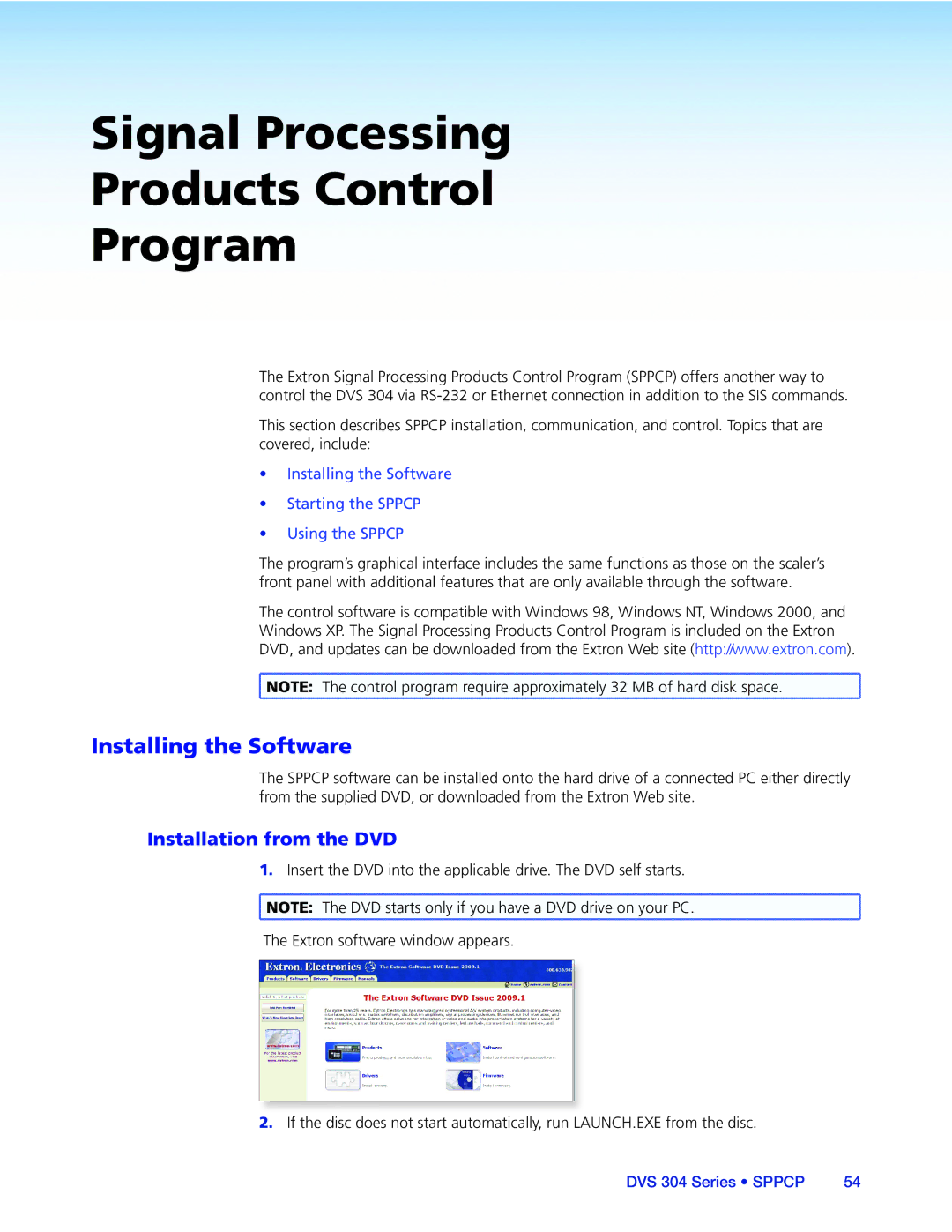 Extron electronic DVS 304 Signal Processing Products Control Program, Installing the Software, Installation from the DVD 