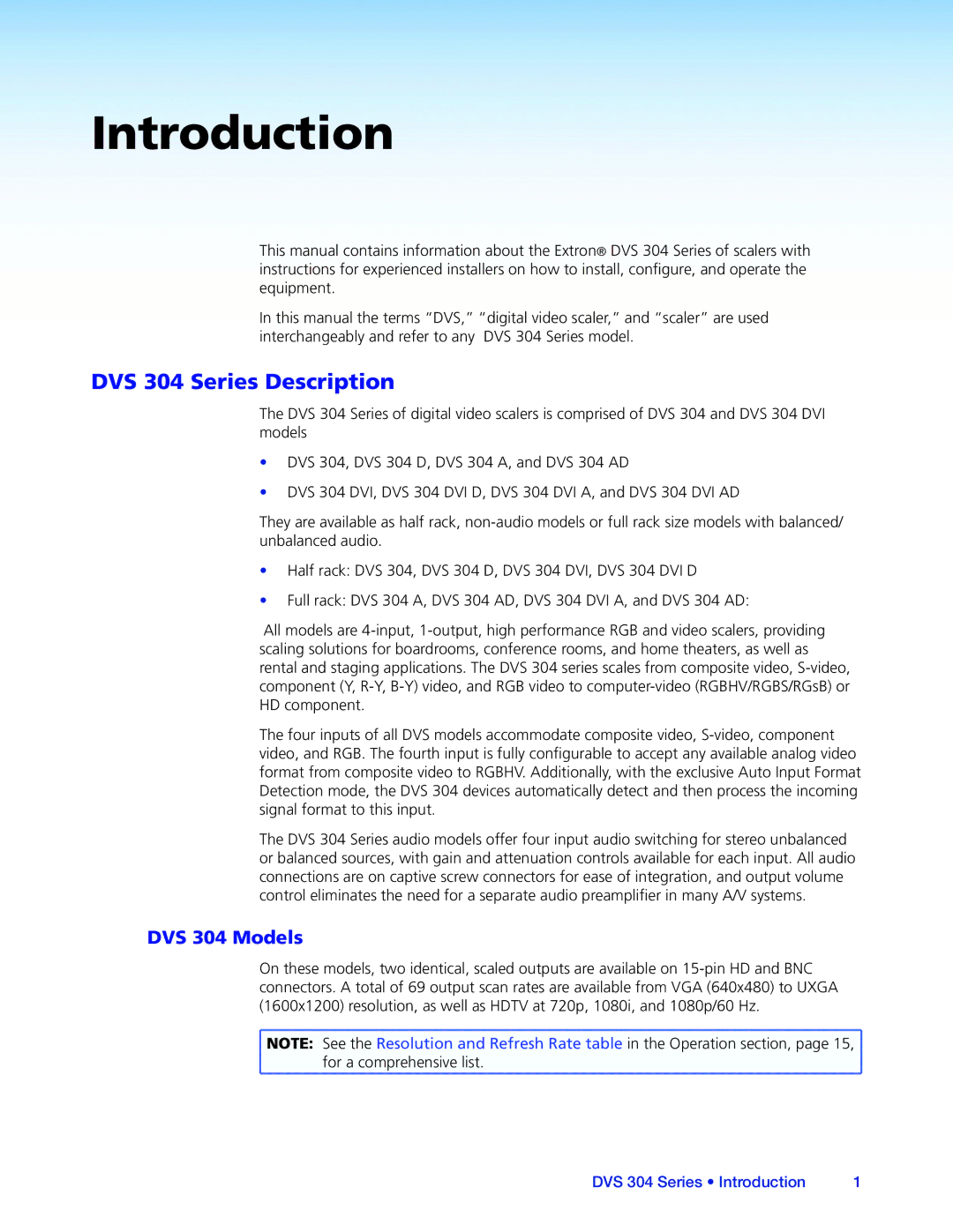 Extron electronic manual Introduction, DVS 304 Series Description, DVS 304 Models 